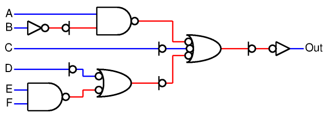-((A * -B) + -C + -(-D + (E * F))) using NANDs