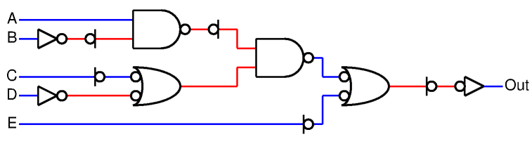 -( -(A * -B) * (-C + D) + -E) using NANDs