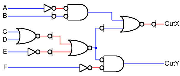 OutX = -((A * -B) + -(-(C + D) + -E)) OutY = (-(C + D) + -E) * F using NORs
