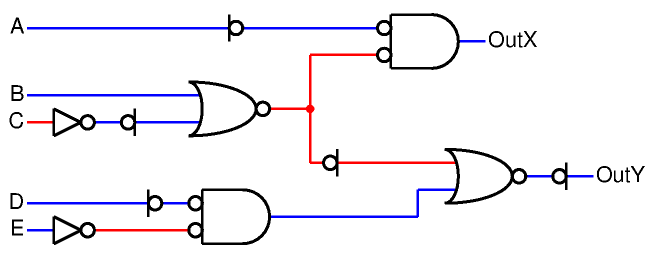 OutX = -A * (B + -C), OutY = -(-(B + -C) + (-D * E))